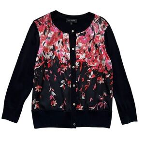 St.‎ John Pink Cascading Floral Silk Black Sweater Cardigan Size M Office Career